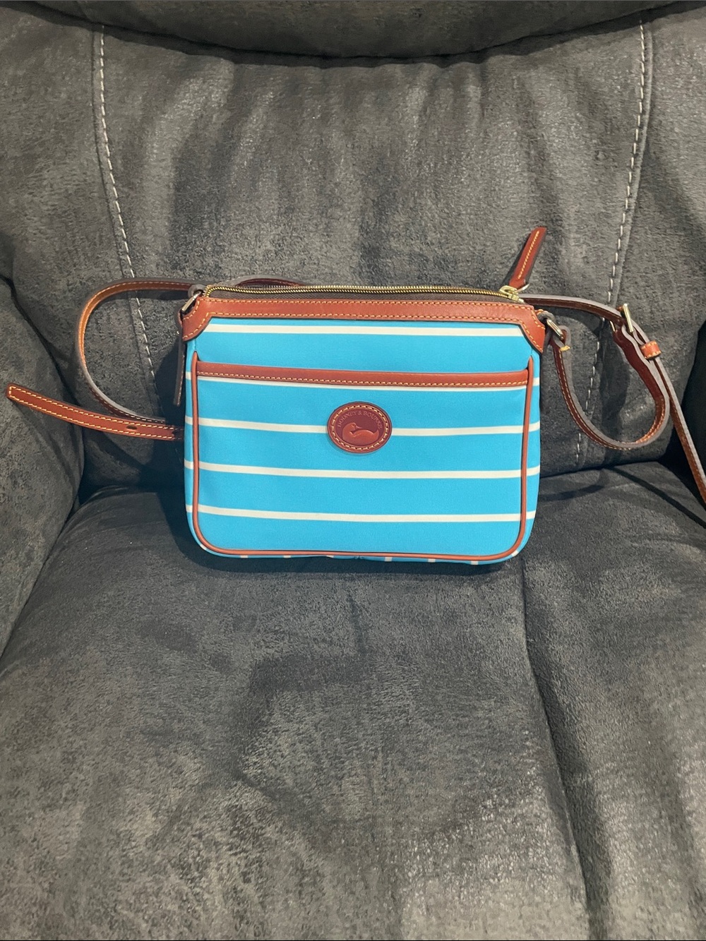 Dooney & Bourke Turquoise Striped Crossbody with Brown Trim